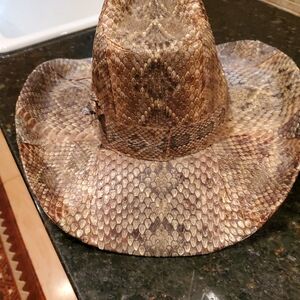 Brown and Tan Genuine Rattlesnake Cowboy Hat with Distinctive Scale Pattern.